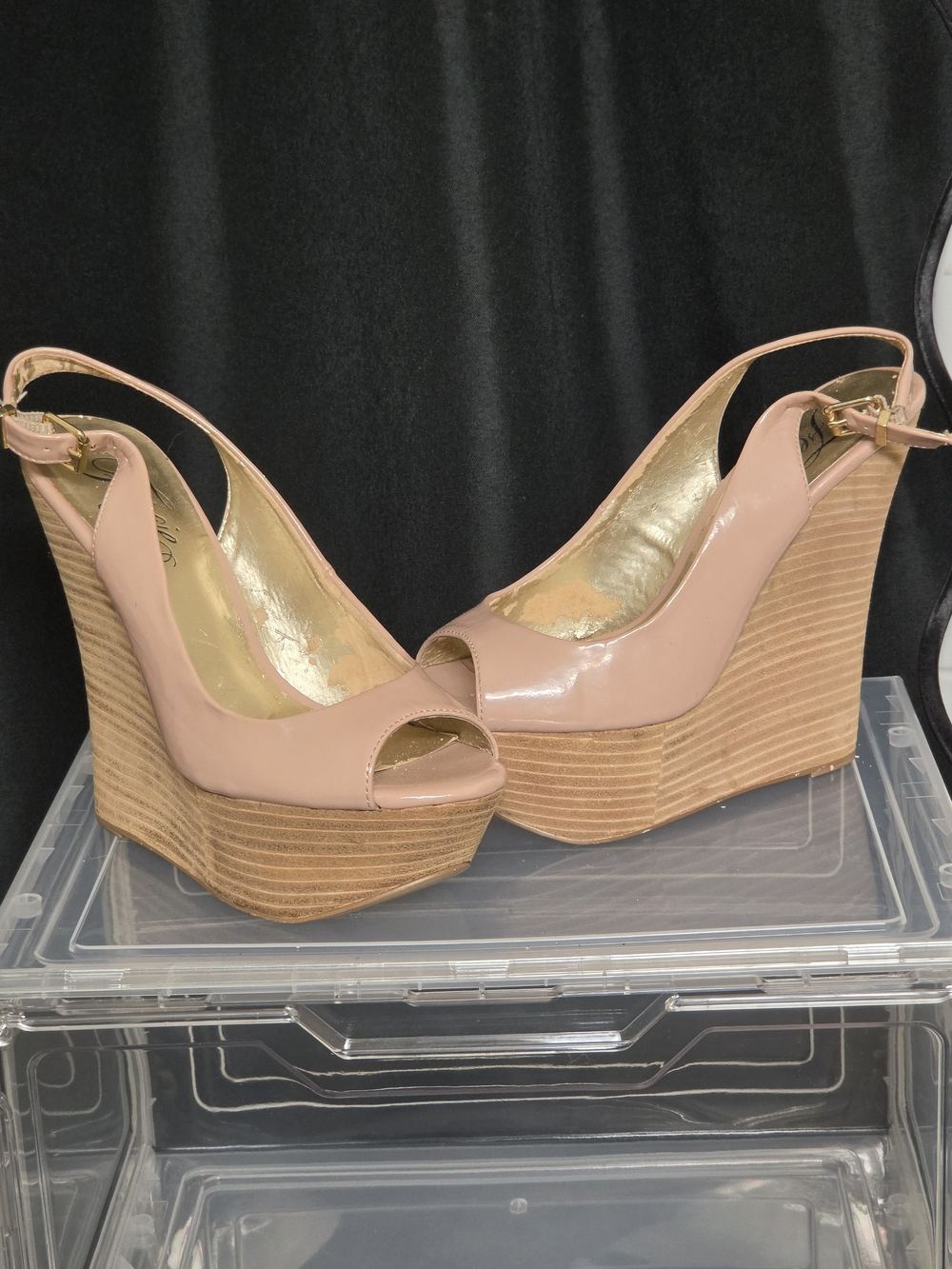 Fergie Blush Pink Patent Peep-Toe Wedge Sandals